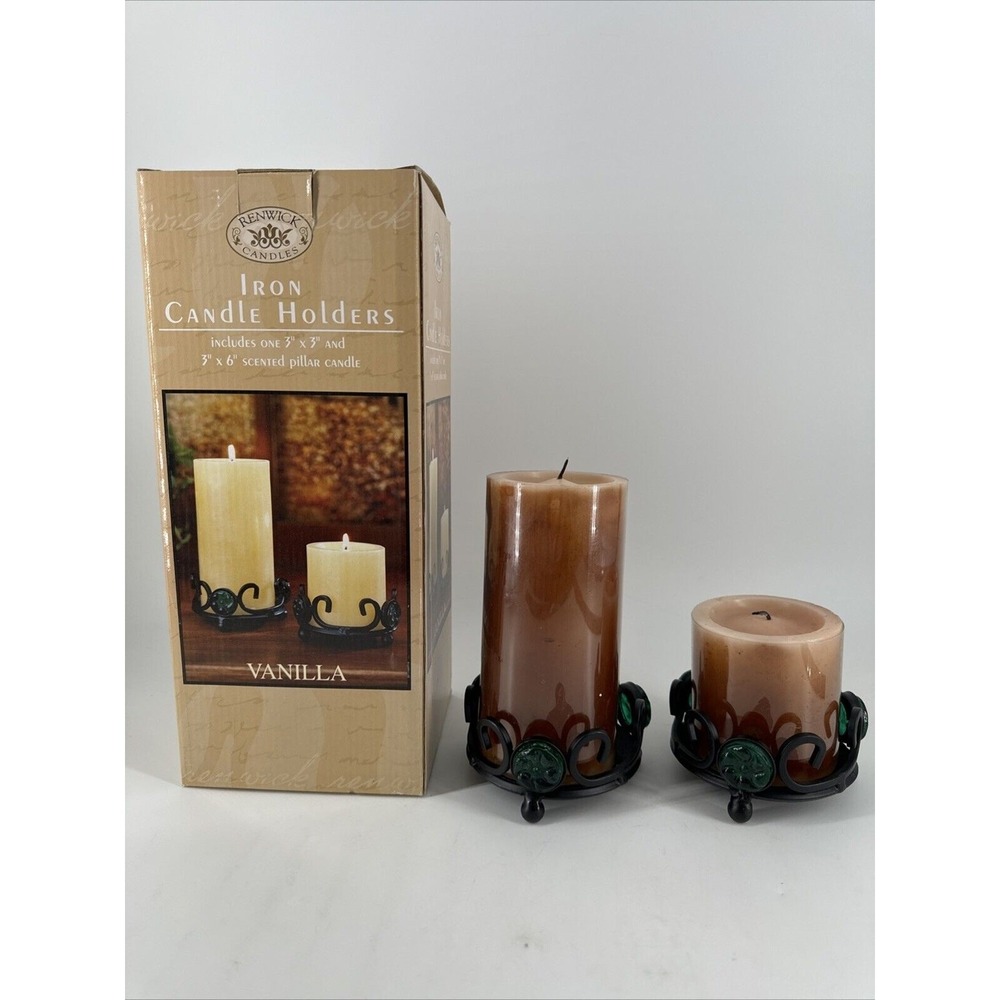 Iron Candle Holder Renwick Candles w/2 Vanilla Scented Pillar Candles 3"T‎ & 6"T